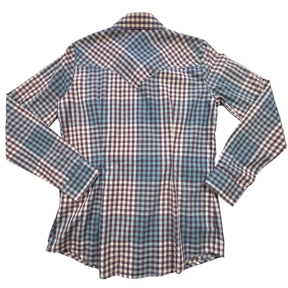 Wrangler Western Shirt Womens Small Purple Teal Plaid Pearl Snap Retro Cowgirl - Picture 2 of 15